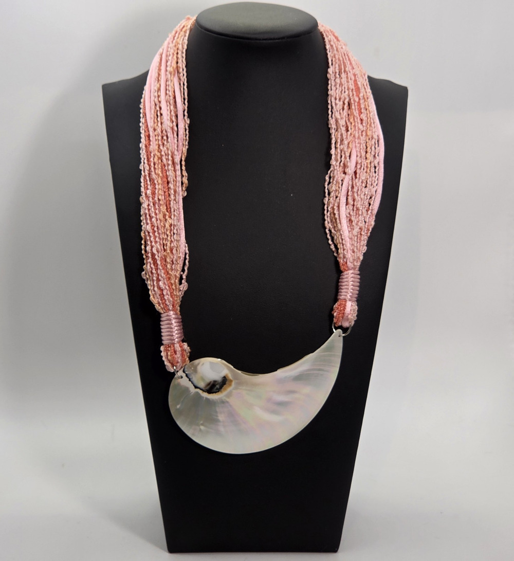 StatementNecklace Nautilus Shell Pendant Pink Fabric Multi Strand Cord